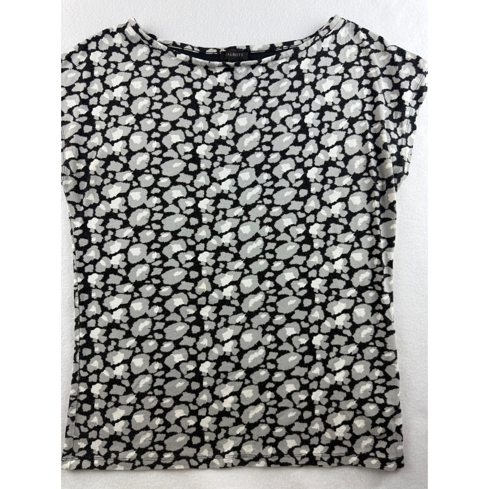Talbots Women's‎ Top Gray Black Leopard Print Knit Short Sleeve Blouse